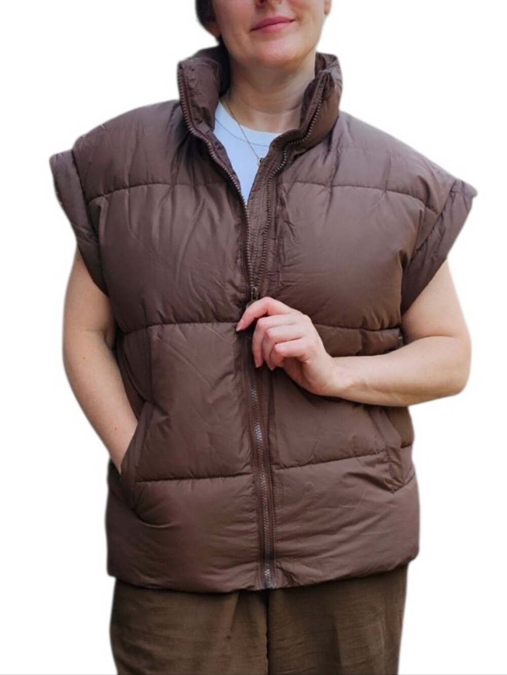 Chocolate Brown Vegan Puffer Vest with Cap Sleeve women's medium